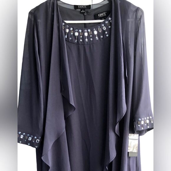 NWT Ignite Evening 2 Piece Purple/Eggplant Chiffon Rhinestones Dress & Cardigan - Picture 4 of 10